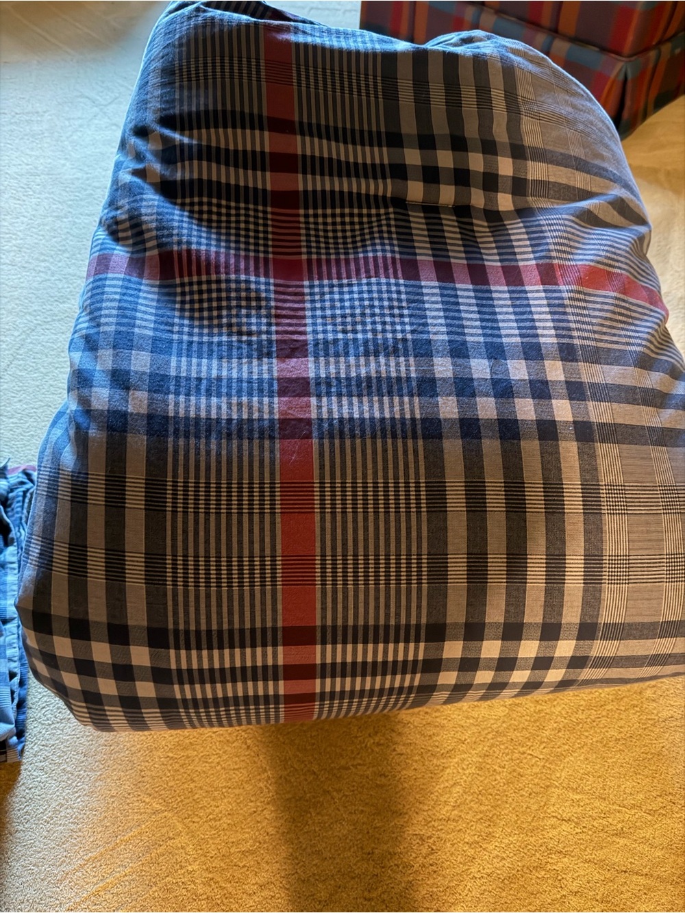 Plaid Comforter in Navy, Gray and Red Stripe